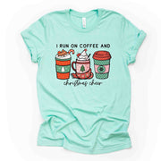 Christmas Tee, Super Fun I Run On Coffee and Christmas Cheer, Christmas Coffee Design on premium cotton unisex shirt, plus sizes, 2x, 3x, 4x