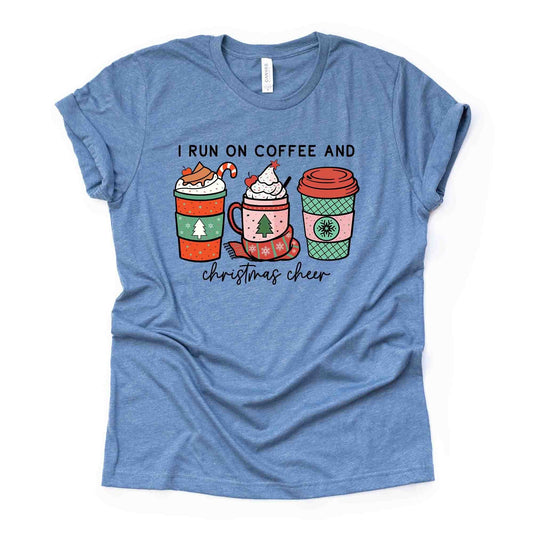 Christmas Tee, Super Fun I Run On Coffee and Christmas Cheer, Christmas Coffee Design on premium cotton unisex shirt, plus sizes, 2x, 3x, 4x