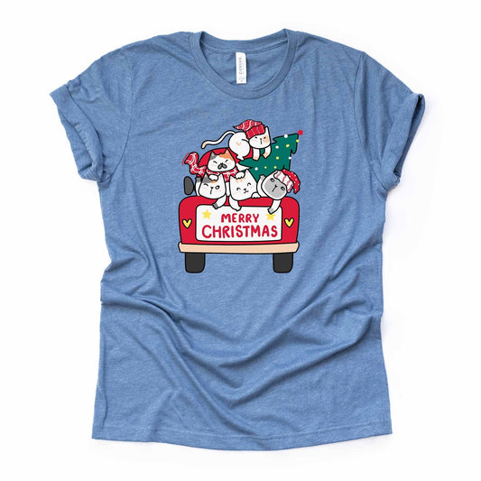 Christmas Tee, Super Cute Christmas Cats, Cats in Red Christmsa Truck Design on premium cotton unisex shirt, plus sizes, 2x, 3x, 4x