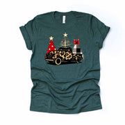 Christmas Tee, Leopard Print Vintage Christmas Truck with Plaid Tree Design on premium cotton unisex shirt, plus sizes, 2x, 3x, 4x