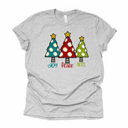 Christmas Tee, Super fun Polka Dot Christmas Trees, JOY PEACE NOEL Design on premium Bella + Canvas unisex shirt, 2 color choices, plus size