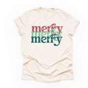 Christmas Tee, Super Fun Merry Merry Merry, Distressed Merry Design, premium Bella + Canvas unisex shirt, 3 color choices, plus size