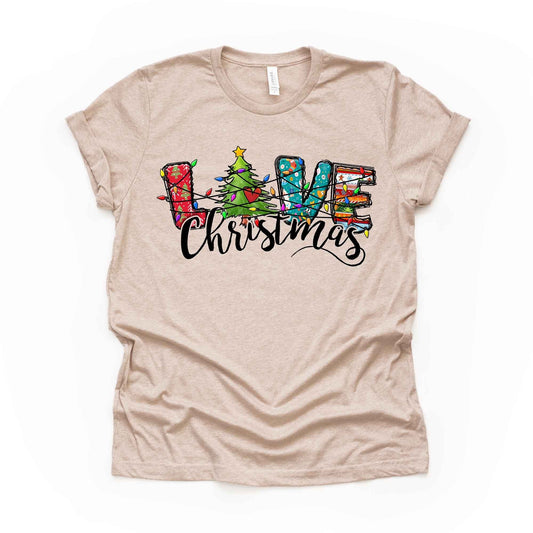 Christmas Tee, Fun Tangled in Lights LOVE CHRISTMAS, Cute Christmas Design, premium Bella + Canvas unisex shirt, 3 color choices, plus size
