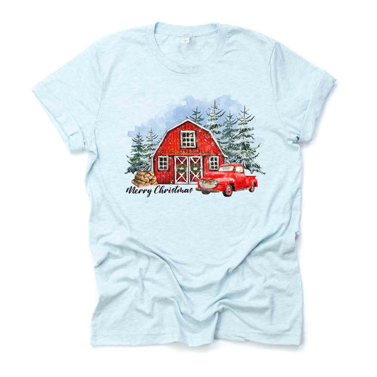 Christmas Tee, Christmas Red Barn Winter Scene with Old Red Truck Design, premium Bella + Canvas unisex shirt, 3 color choices, plus size