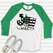 Christmas Raglan, Super Cute JOY to the World, Plaid Ornament JOY Design on premium Raglan 3/4 sleeve shirt, plus size, 2X, 3X