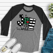 Christmas Raglan, Super Cute JOY to the World, Plaid Ornament JOY Design on premium Raglan 3/4 sleeve shirt, plus size, 2X, 3X