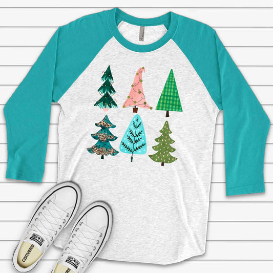 Christmas Raglan, Super Fun Modern Christmas Trees, Teal & Pink Christmas Trees Design on premium Raglan 3/4 sleeve shirt, plus size, 2X, 3X