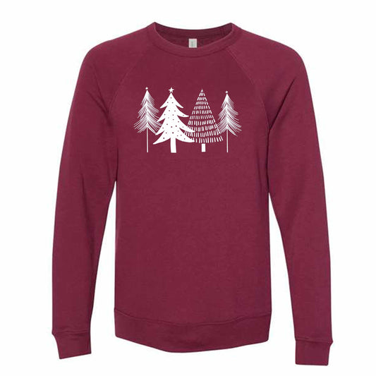Christmas Sweatshirt, Beautiful White Christmas Trees Design, Unisex Sponge Fleece Raglan Crewneck Bella + Canvas, Fall Sweatshirt