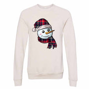 Winter Snow Sweatshirt, Cute Snowman in Plaid Hat and Scarf Design, Unisex Sponge Fleece Raglan Crewneck Bella + Canvas, Fall Sweatshirt