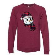 Winter Snow Sweatshirt, Cute Snowman in Plaid Hat and Scarf Design, Unisex Sponge Fleece Raglan Crewneck Bella + Canvas, Fall Sweatshirt