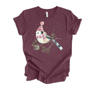 Winter Tee, Pretty Winter Bird in Snow, Bird Wearing Beanie With Pom Pom Design on premium unisex shirt, 3 color choices, 3x santa, 4x santa