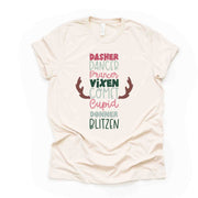 Christmas Tee, Cute List of Reindeer Names, Santa's Reindeer Design on premium unisex shirt, 3 color choices, 3x santa, 4x santa