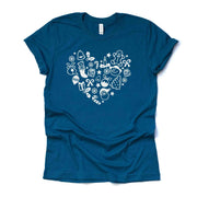 Christmas Tee, Cute Christmas Icons in Heart, Love Everything Christmas Design on premium unisex shirt, 3 color choices, 3x santa, 4x santa