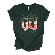Christmas Tee, Be Merry and Bright, Super Cute Christmas Stockings Design on premium unisex shirt, 3 color choices, 3x santa, 4x santa
