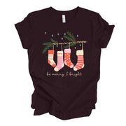 Christmas Tee, Be Merry and Bright, Super Cute Christmas Stockings Design on premium unisex shirt, 3 color choices, 3x santa, 4x santa