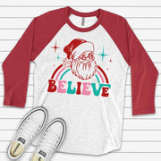 Christmas Raglan, Super Cute Retro Santa BELIEVE, Retro Santa and Believe Design on premium Raglan 3/4 sleeve shirt, plus size, 2X, 3X