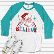 Christmas Raglan, Super Cute Retro Santa BELIEVE, Retro Santa and Believe Design on premium Raglan 3/4 sleeve shirt, plus size, 2X, 3X