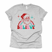Christmas Tee, Super Cute Retro Santa with Believe,  Retro Santa and Believe Design on premium cotton unisex shirt, plus sizes, 2x, 3x, 4x