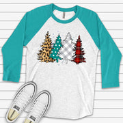 Christmas Raglan, Cute Modern Christmas Trees, Leopard & Plaid Trees Design on premium Raglan 3/4 sleeve shirt, plus size, 2X, 3X