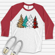 Christmas Raglan, Cute Modern Christmas Trees, Leopard & Plaid Trees Design on premium Raglan 3/4 sleeve shirt, plus size, 2X, 3X