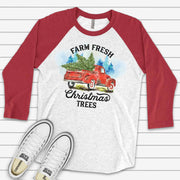 Christmas Raglan, Farm Fresh Christmas Trees on Old Red Farm Truck Design on premium Raglan 3/4 sleeve shirt, plus size, 2X, 3X