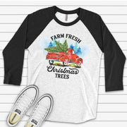 Christmas Raglan, Farm Fresh Christmas Trees on Old Red Farm Truck Design on premium Raglan 3/4 sleeve shirt, plus size, 2X, 3X