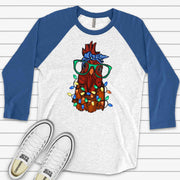 Christmas Raglan, Super Cute Christmas Chicken, Chicken With Christmas Lights Design on premium Raglan 3/4 sleeve shirt, plus size, 2X, 3X