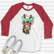 Christmas Raglan, Super Cute Christmas Donkey, Donkey With Christmas Lights Design on premium Raglan 3/4 sleeve shirt, plus size, 2X, 3X