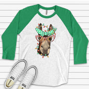 Christmas Raglan, Super Cute Christmas Donkey, Donkey With Christmas Lights Design on premium Raglan 3/4 sleeve shirt, plus size, 2X, 3X