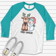 Christmas Raglan, Super Cute Snowman and Reindeer, Hello Winter Snowman Design on premium Raglan 3/4 sleeve shirt, plus size, 2X, 3X