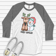 Christmas Raglan, Super Cute Snowman and Reindeer, Hello Winter Snowman Design on premium Raglan 3/4 sleeve shirt, plus size, 2X, 3X