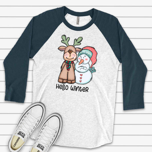 Christmas Raglan, Super Cute Snowman and Reindeer, Hello Winter Snowman Design on premium Raglan 3/4 sleeve shirt, plus size, 2X, 3X