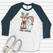 Christmas Raglan, Super Cute Snowman and Reindeer, Hello Winter Snowman Design on premium Raglan 3/4 sleeve shirt, plus size, 2X, 3X