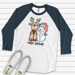 Christmas Raglan, Super Cute Snowman and Reindeer, Hello Winter Snowman Design on premium Raglan 3/4 sleeve shirt, plus size, 2X, 3X
