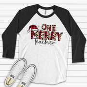 Christmas Raglan, Leopard & Buffalo Plaid Merry Teacher, Christmas Teacher Design on premium Raglan 3/4 sleeve shirt, plus size, 2X, 3X