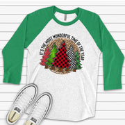 Christmas Raglan, Most Wonderful Time of the Year, Christmas Trees in Plaid Design on premium Raglan 3/4 sleeve shirt, plus size, 2X, 3X