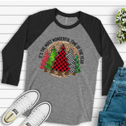 Christmas Raglan, Most Wonderful Time of the Year, Christmas Trees in Plaid Design on premium Raglan 3/4 sleeve shirt, plus size, 2X, 3X