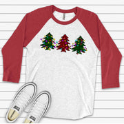 Christmas Raglan, Red & Green Plaid Trees with Lights, Plaid Christmas Trees Design on premium Raglan 3/4 sleeve shirt, plus size, 2X, 3X