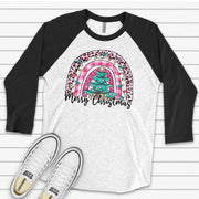 Christmas Raglan, Super Cute Christmas Rainbow in Pink & Teal, Merry Christmas Design on premium Raglan 3/4 sleeve shirt, plus size, 2X, 3X