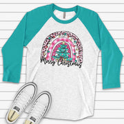 Christmas Raglan, Super Cute Christmas Rainbow in Pink & Teal, Merry Christmas Design on premium Raglan 3/4 sleeve shirt, plus size, 2X, 3X
