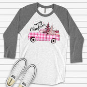 Christmas Raglan, Cute Pink Plaid Christmas Truck, Merry Christmas Plaid Truck Design on premium Raglan 3/4 sleeve shirt, plus size, 2X, 3X