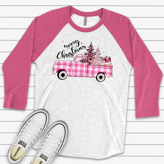Christmas Raglan, Cute Pink Plaid Christmas Truck, Merry Christmas Plaid Truck Design on premium Raglan 3/4 sleeve shirt, plus size, 2X, 3X