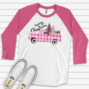 Christmas Raglan, Cute Pink Plaid Christmas Truck, Merry Christmas Plaid Truck Design on premium Raglan 3/4 sleeve shirt, plus size, 2X, 3X