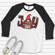 Christmas Raglan, Super Cute JOY Christmas Gnome, Gnome with Christmas Gifts Design on premium Raglan 3/4 sleeve shirt, plus size, 2X, 3X