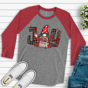 Christmas Raglan, Super Cute JOY Christmas Gnome, Gnome with Christmas Gifts Design on premium Raglan 3/4 sleeve shirt, plus size, 2X, 3X