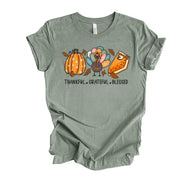Thanksgiving Tee, Thankful Grateful Blessed, Pumpkin, Turkey & Pie Design on premium unisex shirt, 3 color choices, 3x, 4x, plus size
