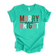 Christmas Tee, Super Fun Merry and Bright Word Art, Merry & Bright Design on premium unisex shirt, 3 color choices, 3x santa, 4x santa