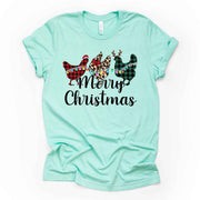 Christmas Tee, Fun Christmas Chickens with Lights, Chickens with Lights Design on premium unisex shirt, 3 color choices, 3x santa, 4x santa