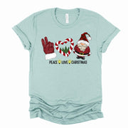 Christmas Tee, PEACE LOVE CHRISTMAS, Love Christmas with Cute Santa Design on premium unisex shirt, 3 color choices, 3x santa, 4x santa