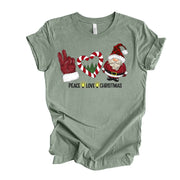 Christmas Tee, PEACE LOVE CHRISTMAS, Love Christmas with Cute Santa Design on premium unisex shirt, 3 color choices, 3x santa, 4x santa